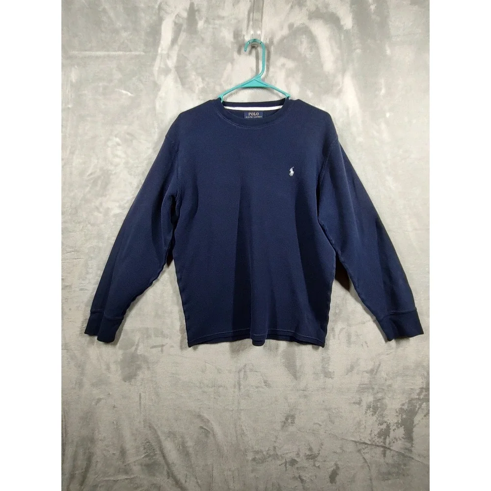 Polo Ralph Lauren Mens Navy Blue Waffle Knit Thermal Long Sleeve Shirt Pony Logo
